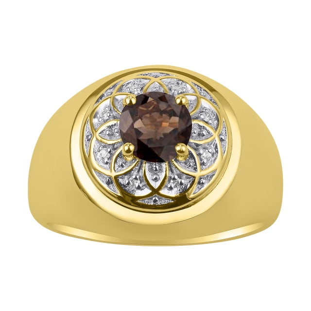 RYLOS Men's Rings Yellow Gold Plated Silver Designer Gypsy 7MM Round Gemstone & Diamond Ring Smoky Quartz June Size 9
