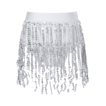 Yartina Kids Girls Sparkly Sequins Tassel Dance Skirt with Briefs for Ballet Belly Dance Costume Jazz Hip Hop Dancewear White 14