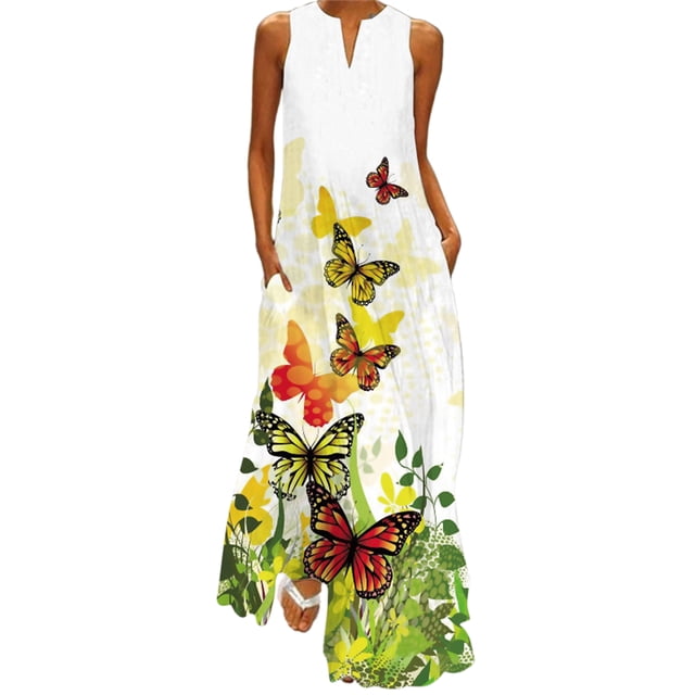 Bellella Robe Longue Maxi pour Femmes, Robe Débardeur à Col en V, Imprimé Floral, Robe d'Été de Plage, Ample, Sans Manches, Style Fête, D 5TG