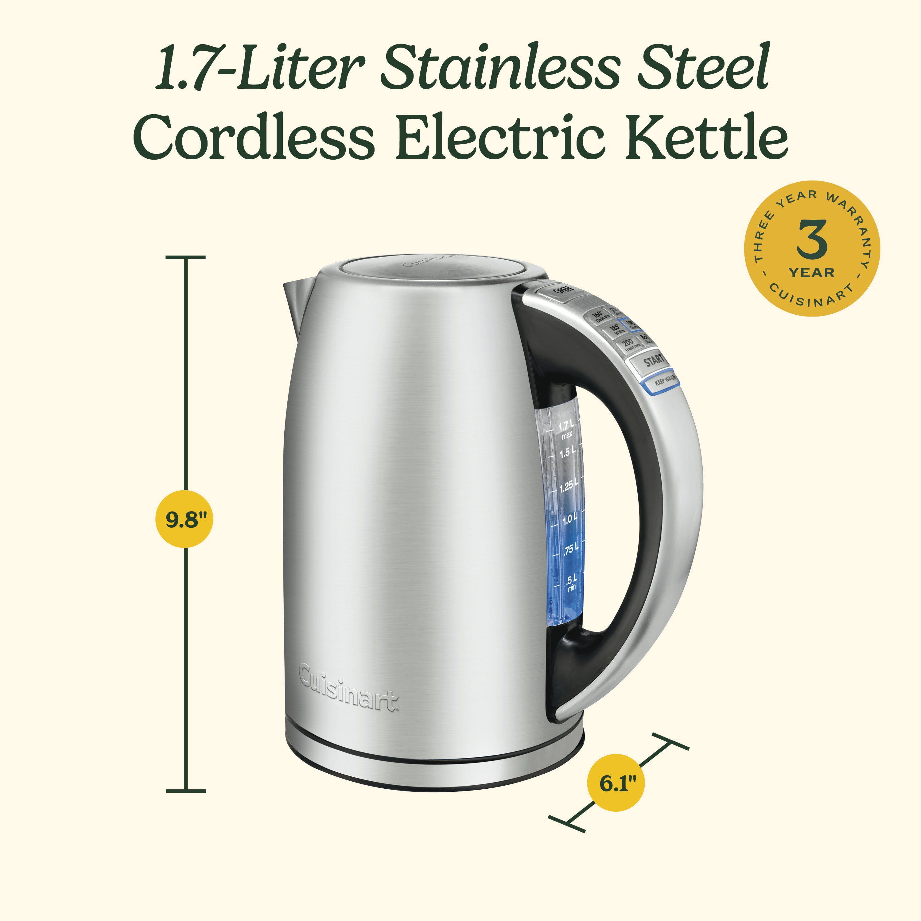 Bouilloire électrique Cuisinart PerfecTemp 1,7 L, chauffe rapide 1500 W, 6 températures préréglées, maintien au chaud 30 min, sans fil, acier inoxydable (CPK-17C)