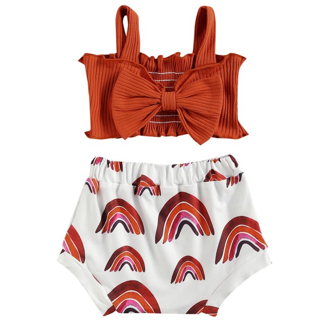 Xingqing 2PCS Infant Baby Girls Solid Color Bow Tank Tops with Printed Triangle Shorts