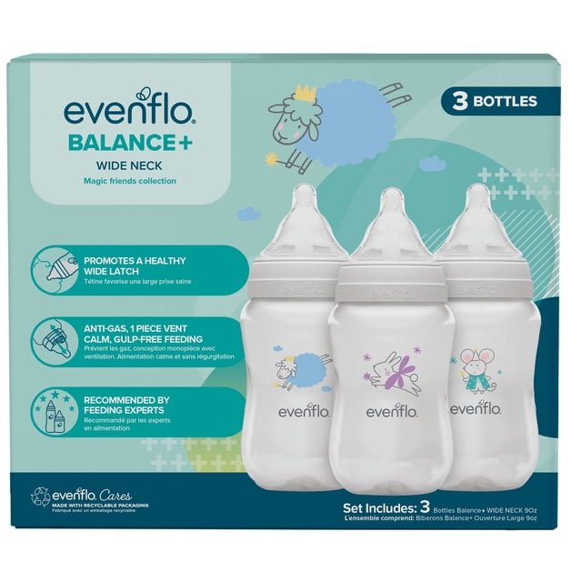 Bal+ Wide Magic Friends Collection 9oz 3pk baby bottles by Evenflo featuring three white wide neck bottles with playful animal and fairy designs, promoting a healthy wide latch and calm, gulp-free feeding with an anti-gas one-piece vent, recommended by feeding experts and made with recyclable packaging.