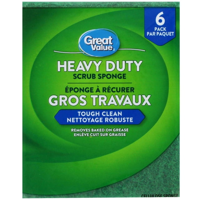 Great Value Heavy Duty Scrub Sponge 6 pack packaging with green and blue label featuring bilingual English and French text emphasizing tough cleaning power and baked on grease removal, ideal for kitchen cleaning tools and household cleaning tasks.
