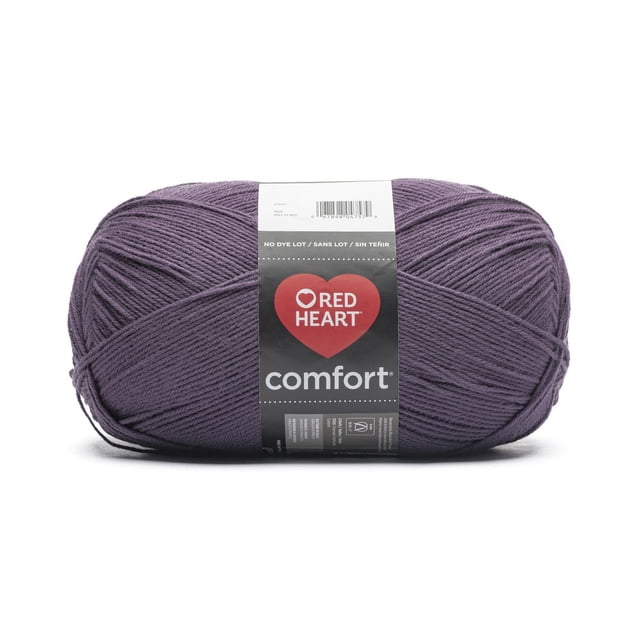Red Heart® Comfort™ #4 Worsted (Medium) Acrylic Yarn in a deep purple skein with a black label featuring the Red Heart logo and product details, worsted weight acrylic yarn suitable for knitting and crochet, machine washable and ideal for throws and blankets.