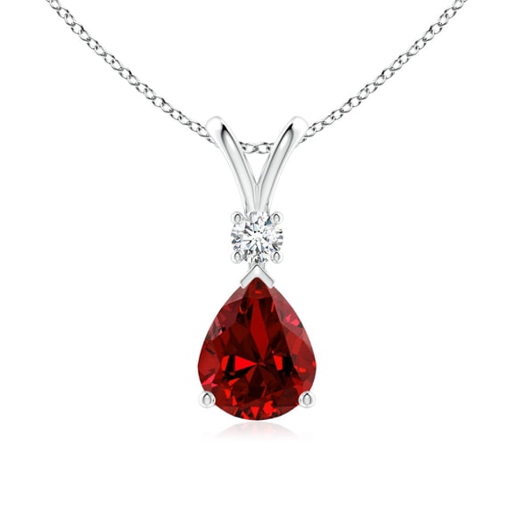 Angara Lab Grown Ruby Necklace - Prong-Set Ruby Teardrop V-Bale Pendant with Diamond in 925 Sterling Silver for Women