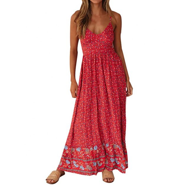 Robe Maxi Bohème Imprimée Florale Col en V Bretelles Plage Fête S-TG