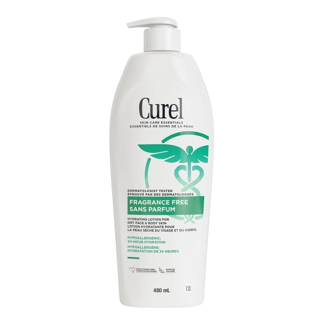 Curel Fragrance Free Lotion, hypo-allergenic body moisturizer in a white 480mL pump bottle with green caduceus symbol, clinically proven to hydrate and relieve dry, sensitive skin for 24 hours with a fast-absorbing, non-greasy formula suitable for daily use.