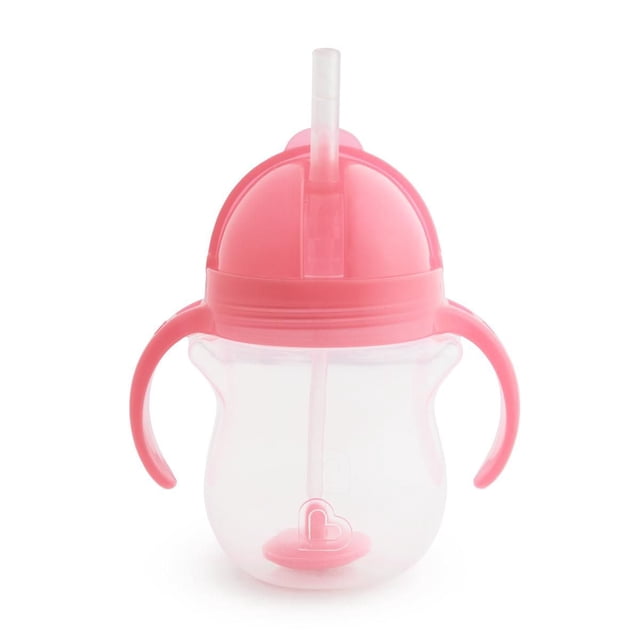 Munchkin Gobelet Entraîneur de Paille Pondéré à Verrouillage par Clic sous Tous les Angles, 7 Oz, Rose, Gobelet Transparent pour Tout-Petit avec Poignées Roses et Couvercle à Rabat, Doté d'Une Paille Pondérée avec base en Forme de Cœur pour Boire sous Tous les Angles, Sans BPA et Compatible Lave-Vaisselle.