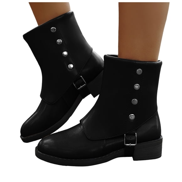 Fold over Mid Calf Combat Boots for Women 2025 Roman Vintage Studded Leather Foldover Riding Boots Black Size 6.5