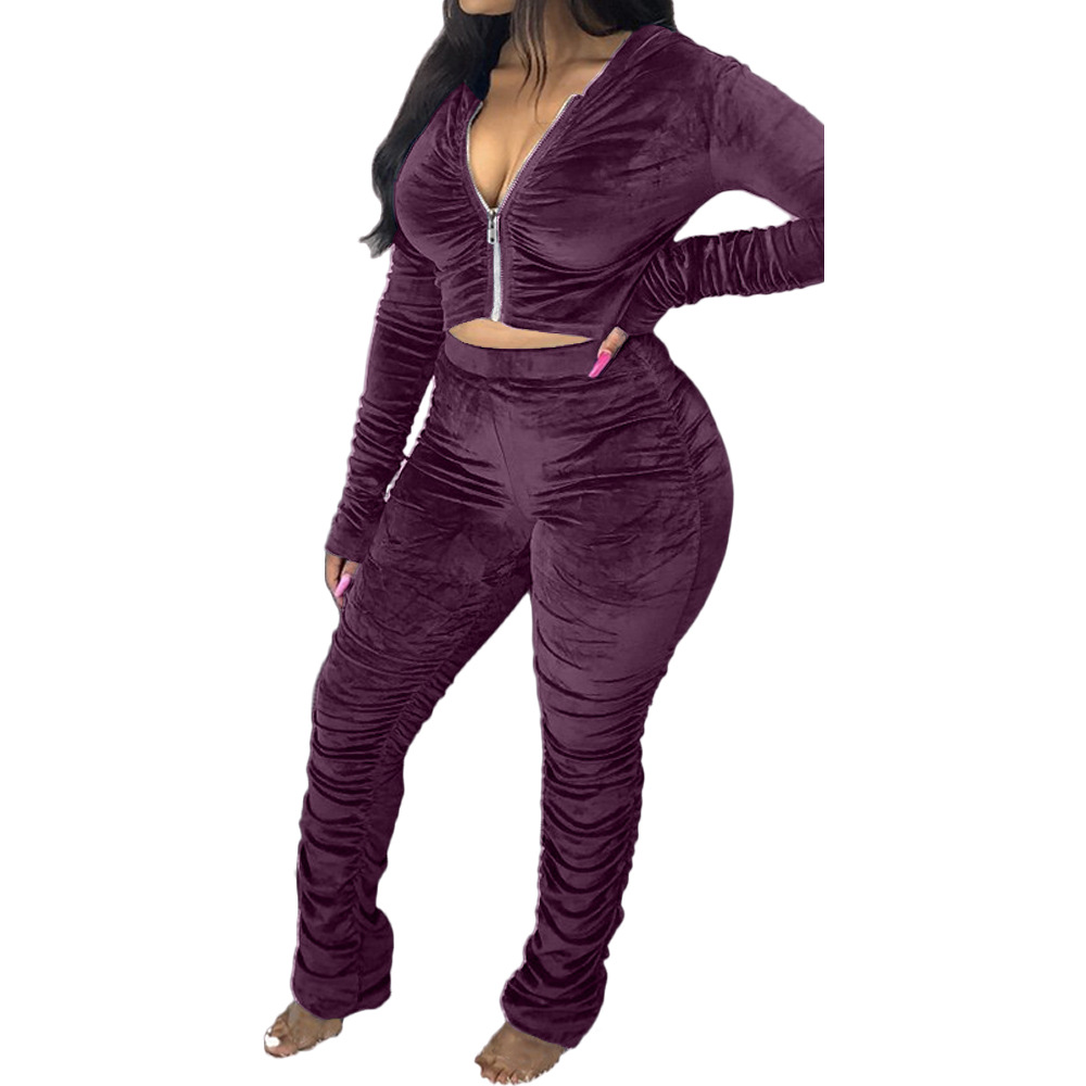 Honganda Slim Pleated Zipper Hooded Top and Pants Two-piece Suit