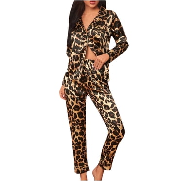 Bigersell Ensemble de Pyjama en Satin Soyeux pour Femme Pyjamas Tenue d'Intérieur Deux Pièces Vêtements de Nuit Hauts à Boutons Ensemble de Pjs Ensembles de Pyjama pour Femme Décontracté Manches Longues Col à Revers Cranté Ensemble de Détente Brun m