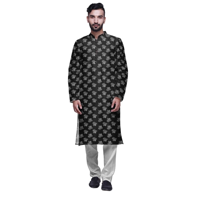 Atasi Mens Printed Modal Satin Indian Long Kurta With White Churidar Pajama Set