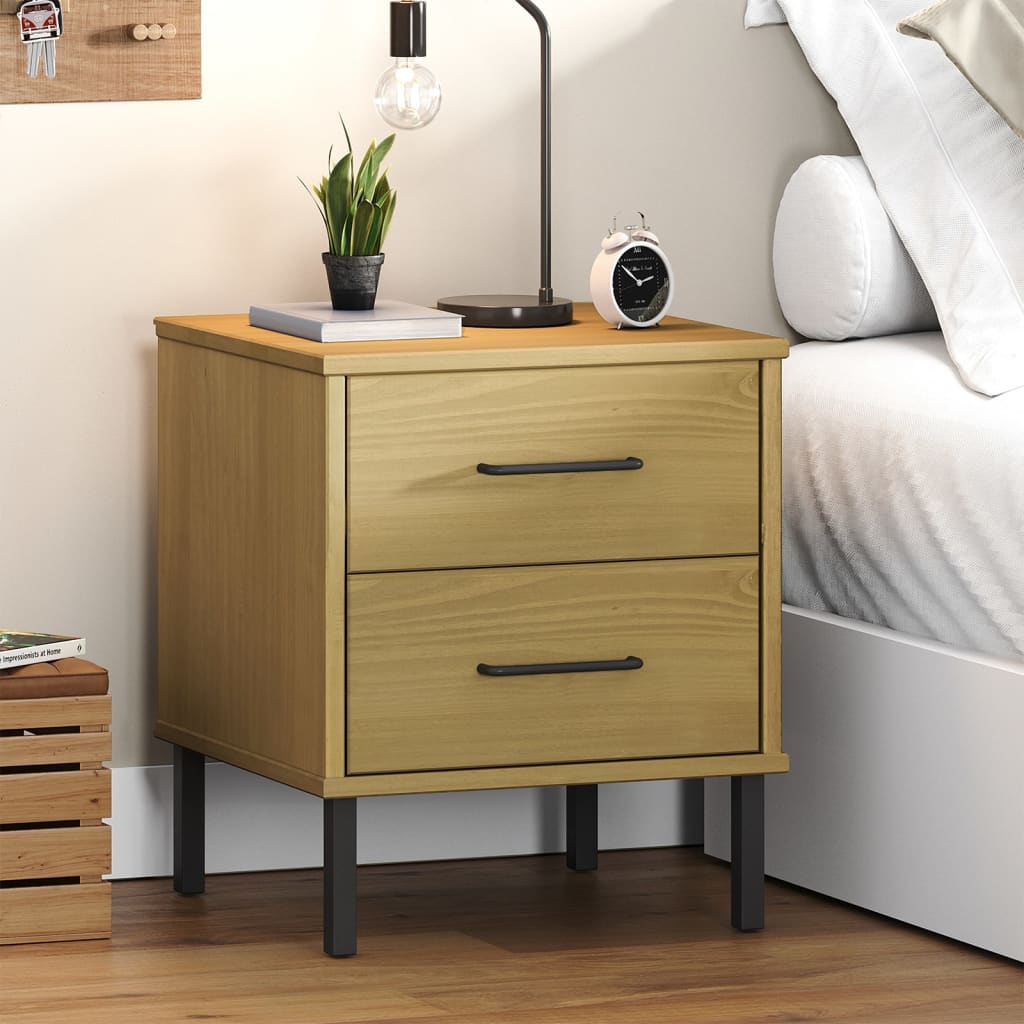 vidaXL Table de Chevet avec Pattes en Métal Brun en Bois Massif de Pin OSLO