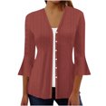 thumbnail image 2 of VKOYWKM 3/4 Length Sleeve Womens Tops Trendy Eyelet Embroidery Tees Button Down V Neck Pullover Tops Solid Color Ruffle Bell Sleeve Tunic Blouses, 2 of 5