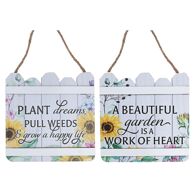 IH Casa Decor Panneau Floral en Forme de Clôture en Bois Asstd - Ensemble de 2 Montrant Deux Panneaux en Forme de Clôture en Bois Blancs avec Boucles de Corde Suspendues, Chacun Imprimé avec des Citations Inspirantes de Jardin et des accents Floraux de Tournesol, Idéal pour l'Art Mural et la Déco de Table.