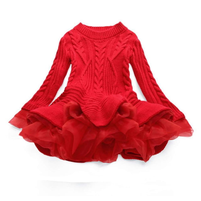 EGNMCR Robe Sans Manches à Col Rond Tout-Petits Enfants Bébés Filles Chandail Tricoté Robe d'Hiver au Crochet avec Tulle Chandail Robe Fille