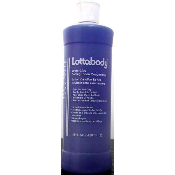 Lottabody Concentrate Setting Lotion 15oz in a blue bottle with white text, featuring a flip-top cap. The text highlights its benefits, including fast drying, firm hold, and added body and shine for natural or relaxed hair. Suitable for wet setting, blow styling, or waving.