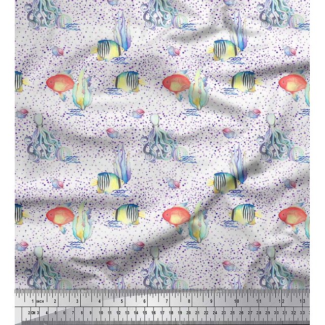 Soimoi Viscose Chiffon Fabric Fish & Octopus Ocean Fabric Prints by Yard 42 Inch Wide