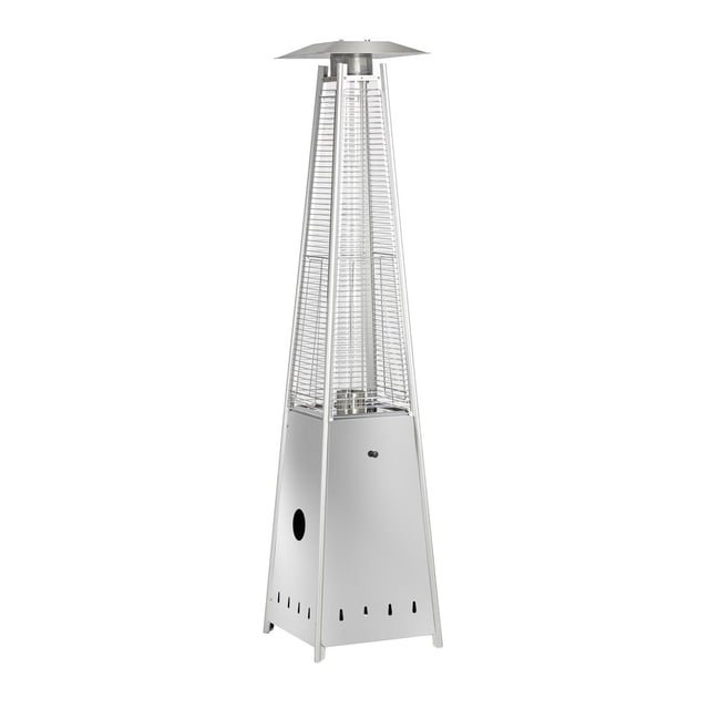 Shinerich Pyramid Style Patio Heater in stainless steel with a tall pyramid design, protective metal screen around the central quartz glass tube, wide heat reflector cap, ventilation slots at the base, and control knob, ideal for outdoor propane heating on patios and decks.
