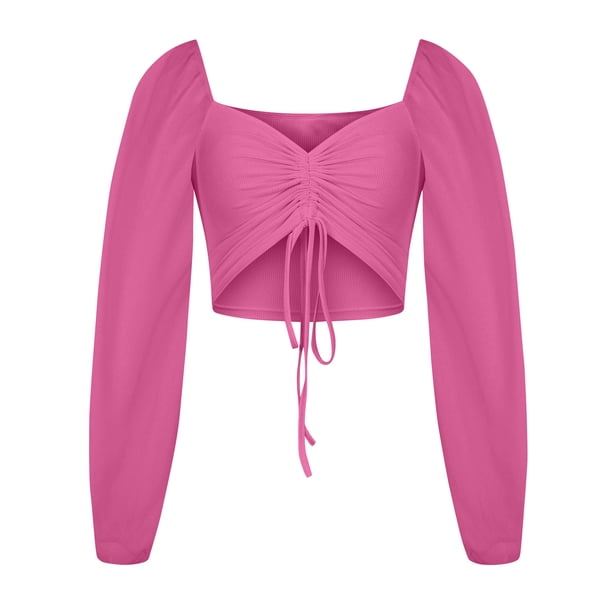 Lenpel Women's T Shirts Lantern Long Sleeve Deep V Neck Drawstring