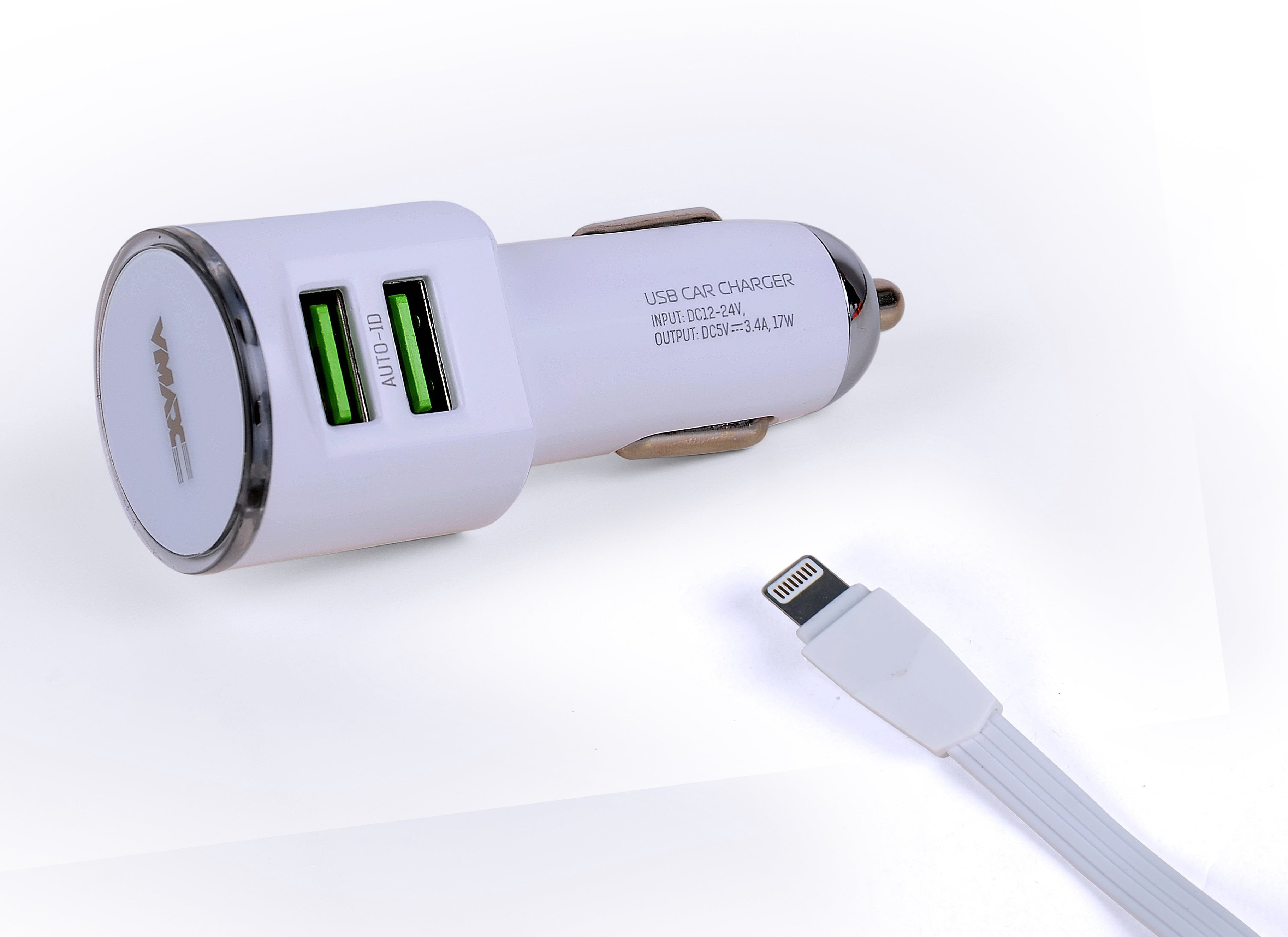 CAR CHARGER DUAL High Speed USB 3.6A + LIGHTNING CABLE 1M White