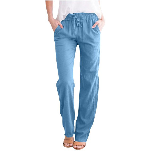 Womens High Waist Casual Linen Pants Drawstring Straight Leg Lounge Pants Trousers with Pockets