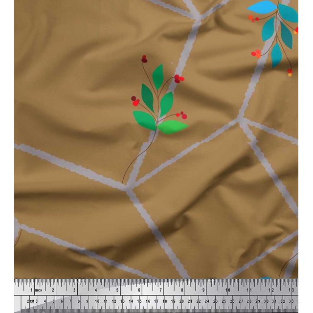 Soimoi Tissu Satin Crêpe Japonais Feuilles, Baies Rouges & Cube Labyrinthe Imprimé Géométrique Tissu d'Artisanat au Mètre 42 Pouces de Large