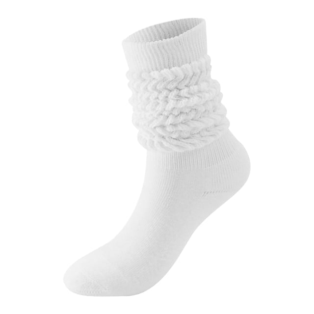 Slouch Socks Women Thigh High Boot Socks Soft Scrunch Socks in white, made from a blend of cotton and spandex for softness and durability. These socks feature a scrunched design at the ankle, offering a stylish and comfortable fit. Suitable for various occasions such as work, weddings, or casual outings, and can be paired with dresses, jeans, or boots. The socks are lightweight, breathable, and measure 40cm (15.75 inches) in length. One size fits most.