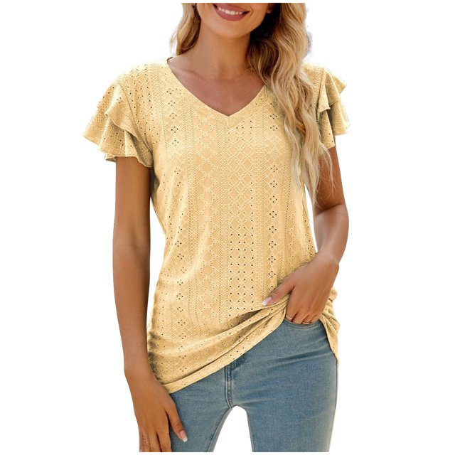 RKSTN Womens Tops Fashion Mesh Breathable Short Sleeve V-Neck Blouse Tops Comfortable Temperament Solid Color Tops