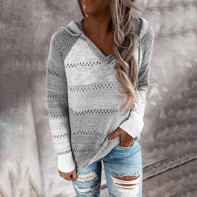 Women Casual Sweater Rib Knitted Long Sleeve Loose Fitting Pullover Hooded Drawstring Sweater