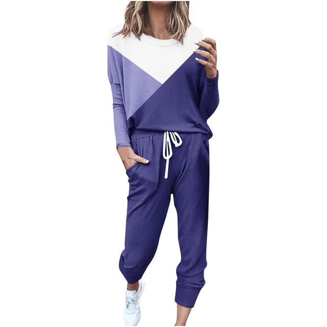 CHOK Womens Sport Set Long Sleeve Patchwork Color with Loose Cozy Petite Sweatpant Trendy Fall Winter Suits (X-Large Pink)
