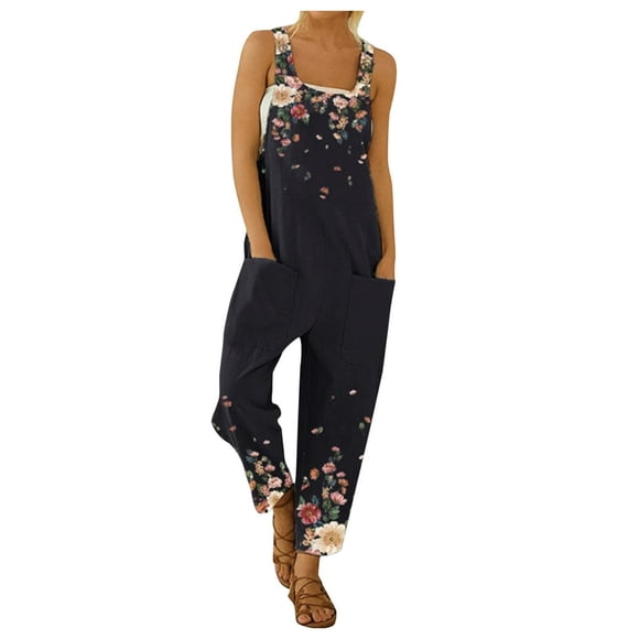 Women Summer Casual Boho Print Jumpsuits Loose fit Pocket Cropped Romper Long Playsuit Strap Button Jumpsuit