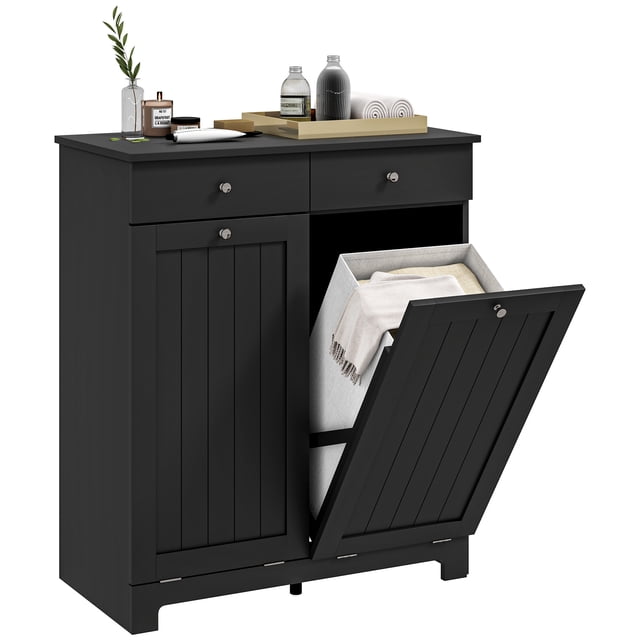 HOMCOM Panier à Linge Basculant, Armoire à Linge Noire Mesurant 30,7 Pouces de Large, 15 Pouces de Profondeur et 35,4 Pouces de Hauteur. Comprend Deux Paniers Basculants avec Sacs en Tissu Pliables pour le Tri, des Portes à Panneau Perlé, des Poignées Rondes et Deux Tiroirs Supérieurs pour le Rangement de Petits Articles. Fait de MDF Peint au Style Moderne, Idéal pour Organiser la Lessive dans n'Importe Quelle Pièce.