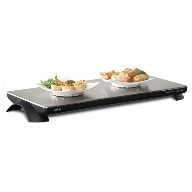 Salton Cordless Hotray Warming Tray (Large) TWT40 with a stainless steel rectangular warming surface on black curved legs, featuring red and green indicator lights on the front edge, holding two white plates with appetizers, ideal for buffet serveware and entertaining with cordless convenience.