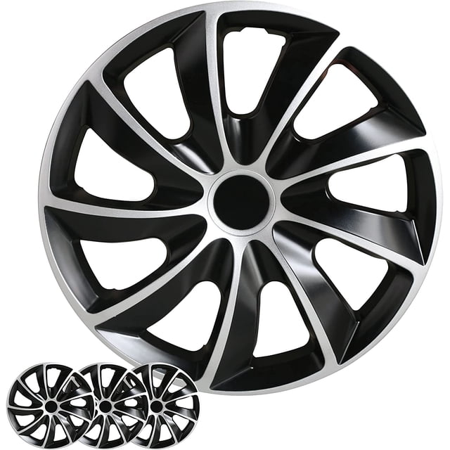 Wheel Cover Kit, 17 Inch Hubcaps Set of 4 by Shirry Group, featuring a 2-tone black and silver design made of durable ABS plastic. These universal snap-on hubcaps include stainless steel retention rings for a secure fit on 17-inch rims, compatible with all car makes and models. The sleek design mimics alloy rims, offering a stylish upgrade for vehicles like sedans, SUVs, and trucks.
