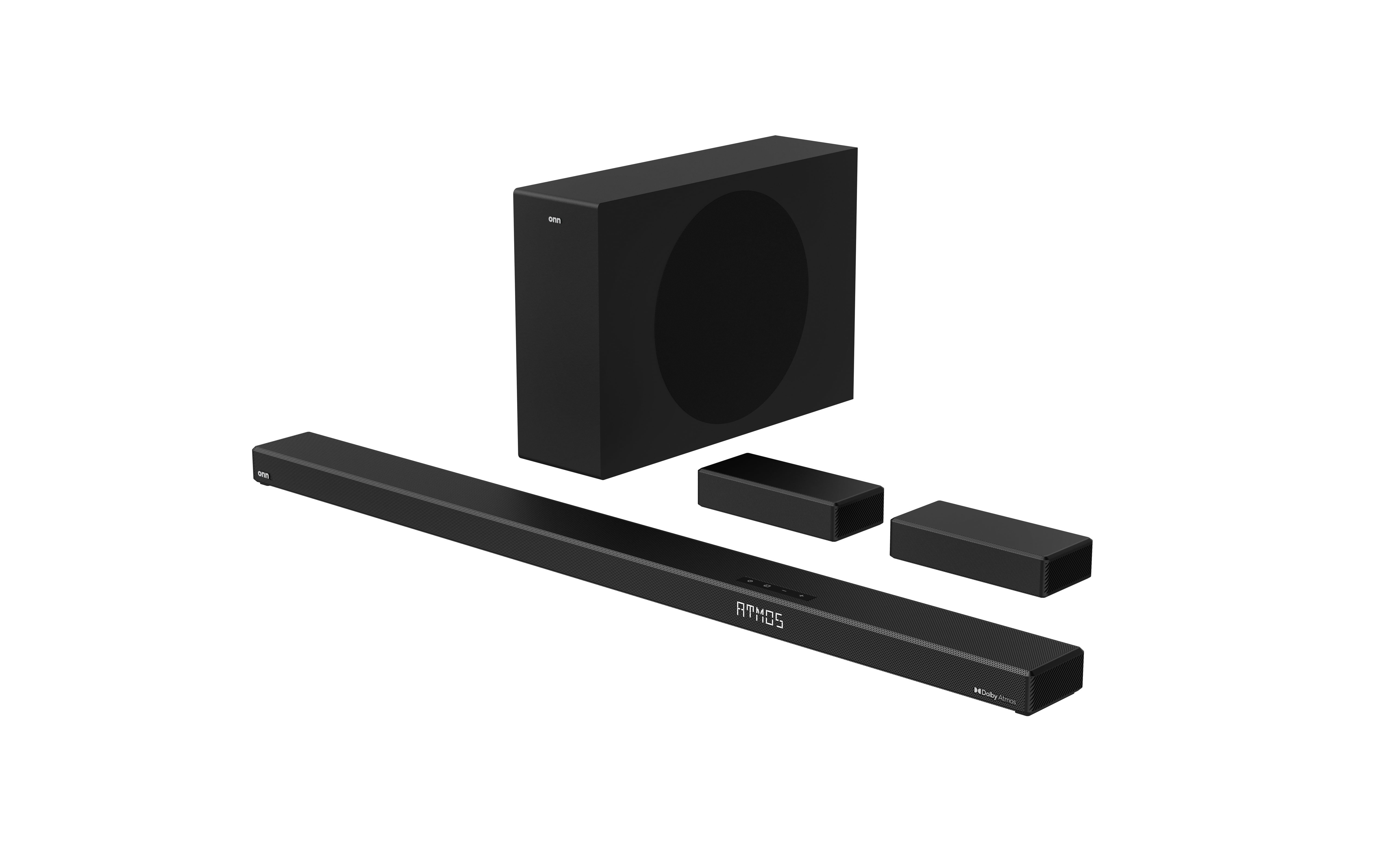 onn. 5.1 36 in. Ultra-Slim Surround Soundbar System with Dolby Atmos, Wireless Subwoofer and Wireless Satellite Speakers, Black