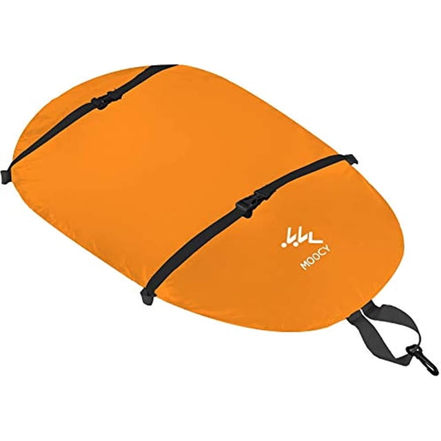 Ourlova Premium Kayak Cockpit Covers Protector in orange XL size, made of durable urethane-coated nylon oxford with UV50+ blocking and water-repellent features. The cover includes adjustable straps and a shock cord for a secure fit, designed to keep water, snow, and debris out of the kayak. Suitable for various kayak brands, as per the size chart.