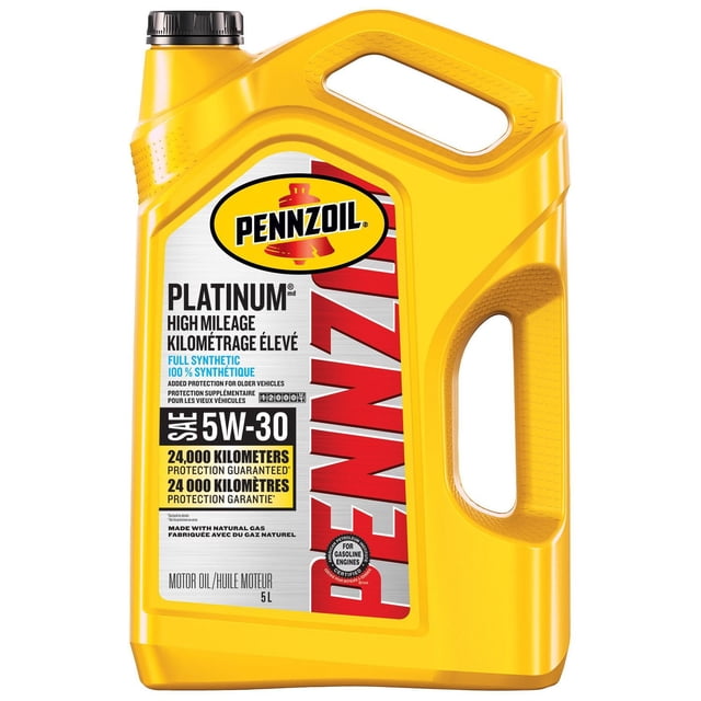 Pennzoil Platinum Huile de Moteur Entièrement Synthétique 5W-30 à Fort Kilométrage (SP/GF-6A), Contenant en Plastique Jaune de 5 Litres avec Bouchon Noir et Poignée Ergonomique, Formulé pour les Véhicules de Plus de 120 000 Kilomètres, Offrant une Garantie de protection de 24 000 Kilomètres et Fabriqué au Gaz Naturel.
