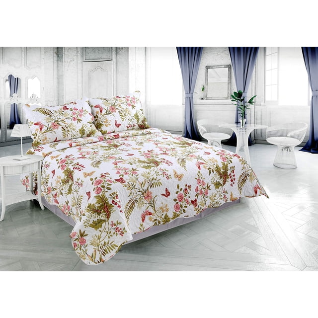 Marina Decoration Rich Printed Stitching Coverlet Bedspread Ultra Soft Summer Quilt Set with Quilted Shams featuring a white base with pink, red, and gold butterflies and floral patterns, displayed on a bed in a bright room with blue curtains and white furniture, ideal for summer use.