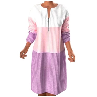 QUYUON Homecoming Dresses Clearance Winter Sweater Zipper Contrast Panel Long Sleeve Zipper Long Dress Wedding Guest Dresses Women V-Neck Midi Bodycon Dress Style D-14536 Pink 3XL