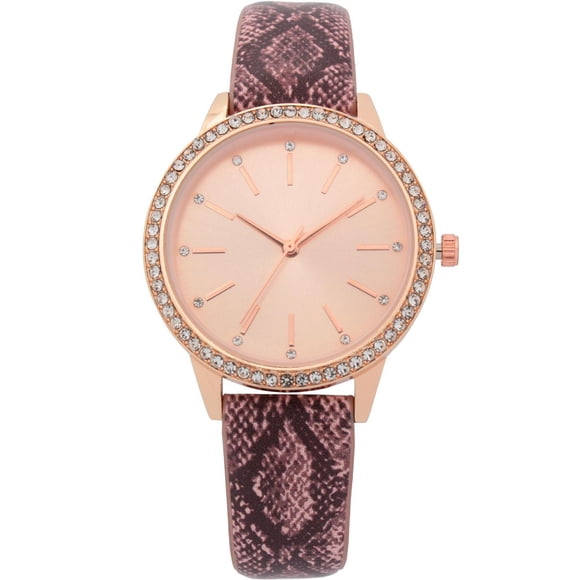 Montre de luxe pour femme en or rose et cristaux avec bracelet imprimé serpent