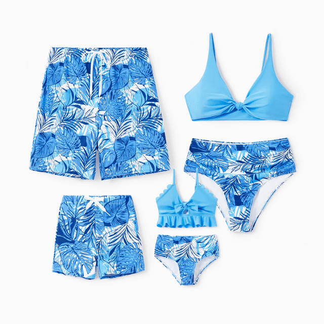 PatPat Family Matching Tropical Leaf Print Blue Swim Trunks or 2 Pieces Bikini Swimsuit