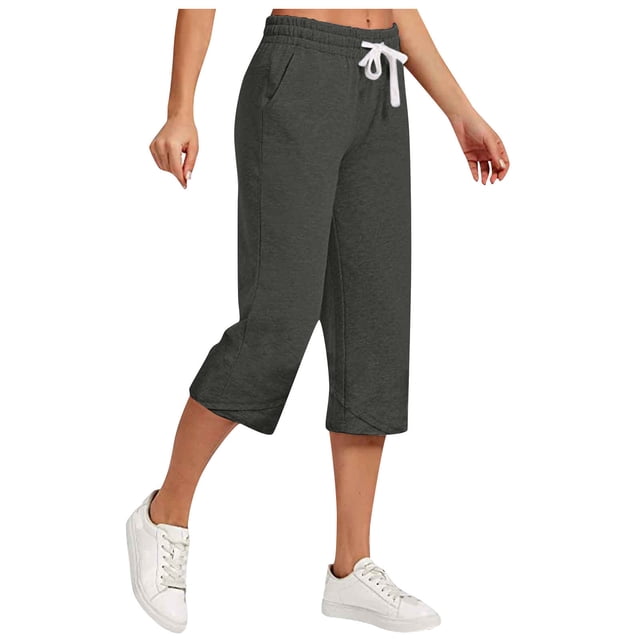 AherBiu Womens Capris for Summer Cotton Linen High Waisted Drawstring Cropped Pants Loose Lounge Capris Trousers