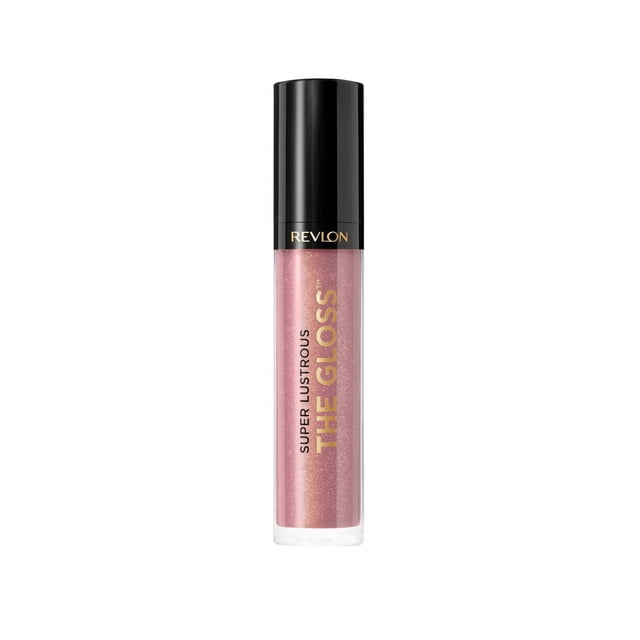 Revlon Super Lustrous™ The Gloss lip gloss in a clear tube with black cap, showing shimmery pink with gold flecks, delivering lightweight, shiny colour with hydration and moisturizing benefits for plumped lips.