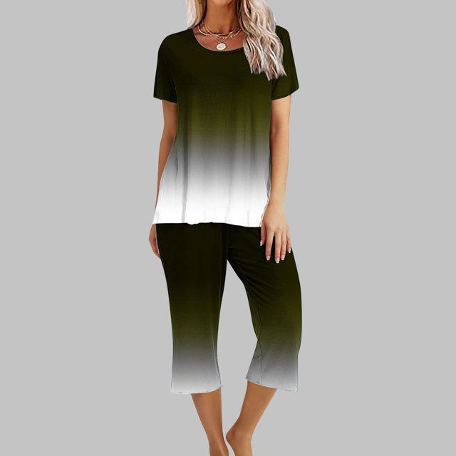 Offre à Durée Limitée Iumwxz Tenues de Pyjama Décontractées et Fluides Tenues d'Été Mignonnes pour Femmes Imprimé Dégradé Col Rond Manches Courtes Taille Élastique Pantalon Court Tenues pour Femmes Cadeaux de Vacances