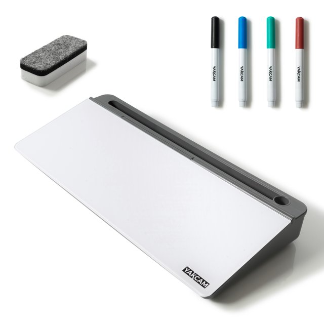 YAKCAM Tableau Blanc de Bureau avec Organisateur de Rangement, Tableau Effaçable à Sec au design Épuré et Incliné avec une surface d'Écriture de 16 x 5,5 Po. Comprend un Plateau à Stylos Intégré, Quatre Marqueurs Effaçables à Sec en Noir, Bleu, Vert et Rouge, et une Efface. le Tableau Blanc Comprend un Compartiment de Rangement sous le Couvercle pour Organiser les Fournitures de Bureau et un Fente pour Tenir des Appareils comme des Téléphones Ou des Tablettes. Idéal pour les Bureaux à Domicile, les Salles de Classe Ou les Espaces de Travail.