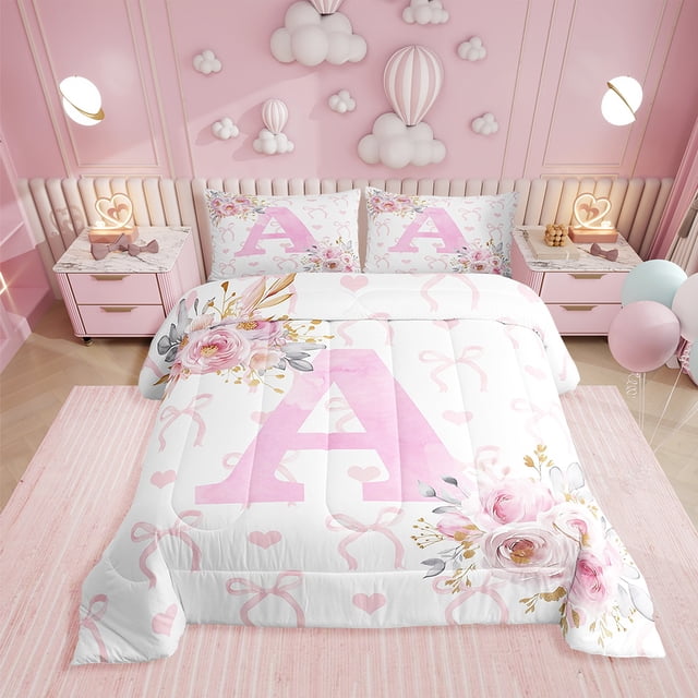 Erosebridal Ensembles de Couette Lettre Initiale A Format Grand, Couettes et Duvets Romantiques à Roses, Déco Féerique Girly, Réversible 3 Pcs