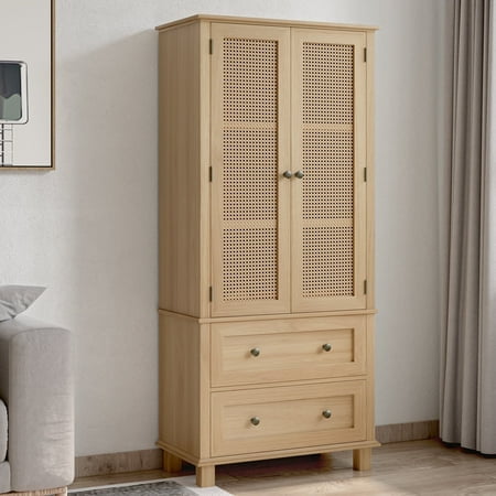 Homfa Armoire en Rotin avec Portes, Armoire de Rangement Haute avec 2 Tiroirs, Armoire Étroite Polyvalente pour Salon, Chêne