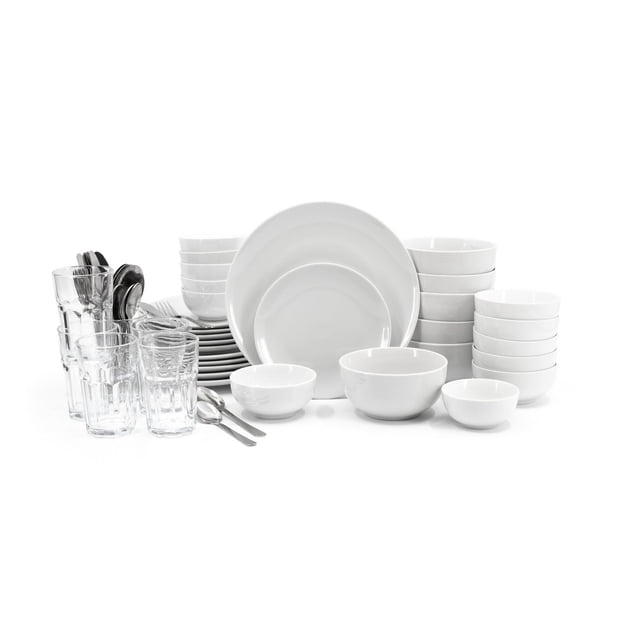 Ensemble Combo de Vaisselle de 60 Pcs avec Assiettes de Souper en Porcelaine Blanche, Assiettes à Salade, Bols à Soupe/céréales, Bols à Fruits et Bols à Collation Empilés, Accompagné de Verrerie Transparente de 11 Oz et de Couverts en Acier Inoxydable Incluant Fourchettes, Couteaux, Cuillères et Cuillères à Thé, Disposés sur un Fond Blanc, Idéal pour les Repas Quotidiens et les Rassemblements Décontractés.