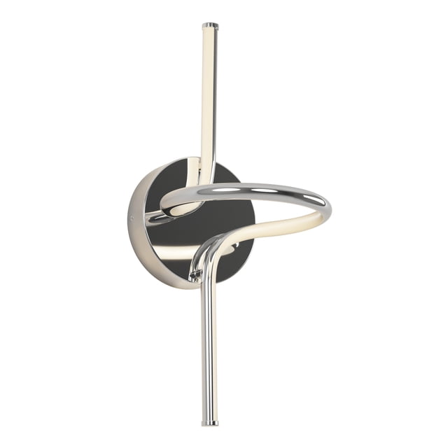 Artika Swirl Modern LED Wall Sconce Light Fixture in chrome with a sleek, contemporary design featuring a swirling integrated LED light. This fixture offers three adjustable color temperature presets, ranging from warm white to cool white, and provides 850 lumens of brightness. It is compatible with most LED dimmers and has a long lifespan of 50,000 hours. Measuring 6.5 inches by 8.86 inches by 16.54 inches, it is ideal for bathrooms, living rooms, bedrooms, and hallways. Includes all necessary hardware for installation.